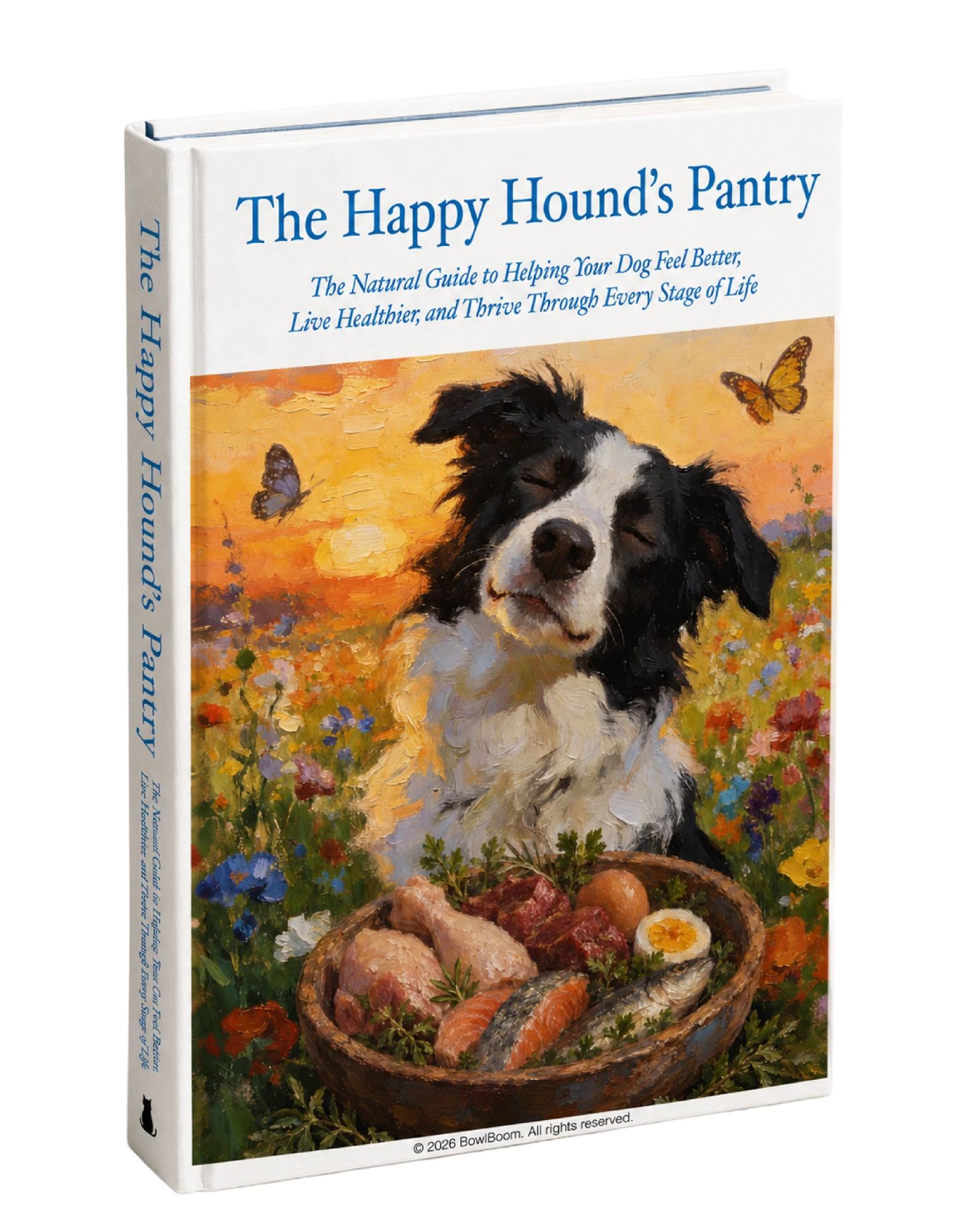 The Happy Hound's Pantry hardcover mockup showing a painterly border collie in a wildflower meadow beside a bowl of natural food