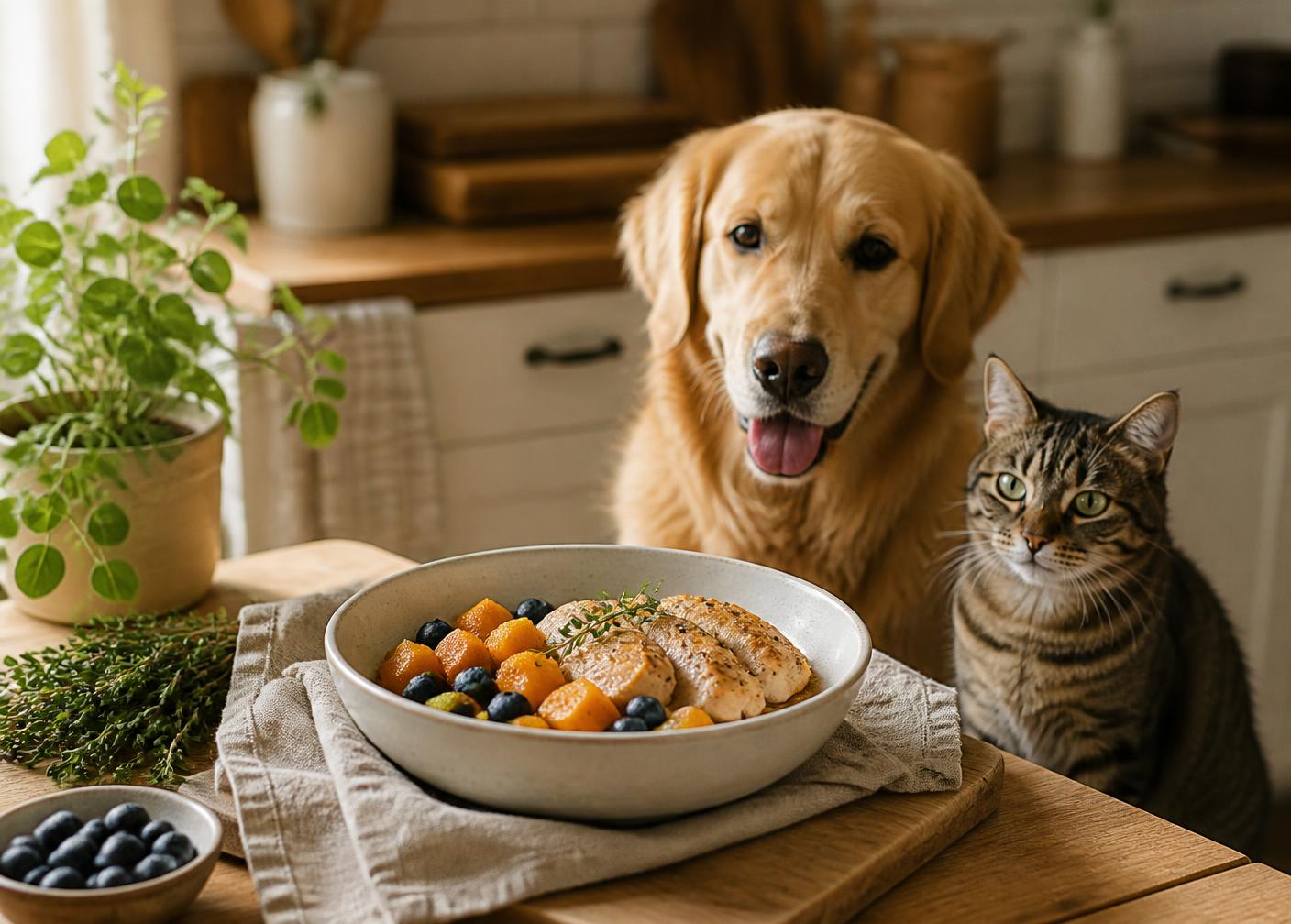 A golden retriever and tabby cat beside a ceramic bowl of cooked chicken, pumpkin and blueberries in a sunlit kitchen