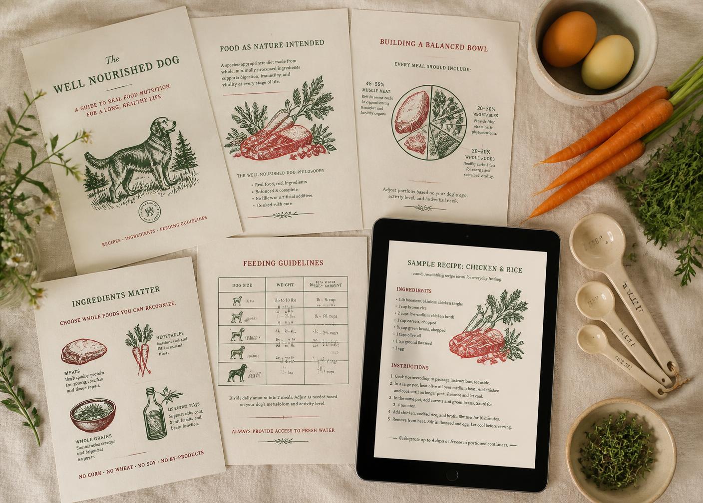 Printed guide pages laid out on a linen surface with a tablet, carrots, eggs and measuring spoons